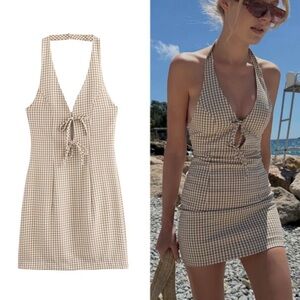Zara Beige Checkered Mini Dress